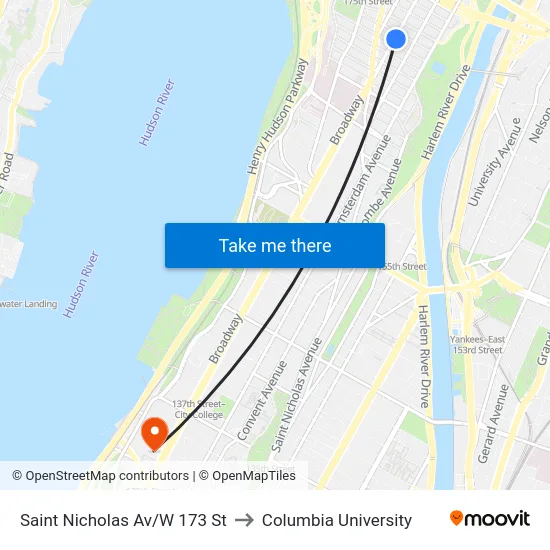 Saint Nicholas Av/W 173 St to Columbia University map