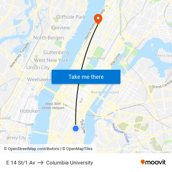 E 14 St/1 Av to Columbia University map