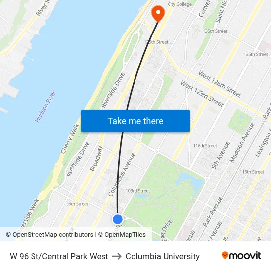 W 96 St/Central Park West to Columbia University map