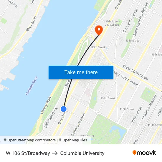 W 106 St/Broadway to Columbia University map