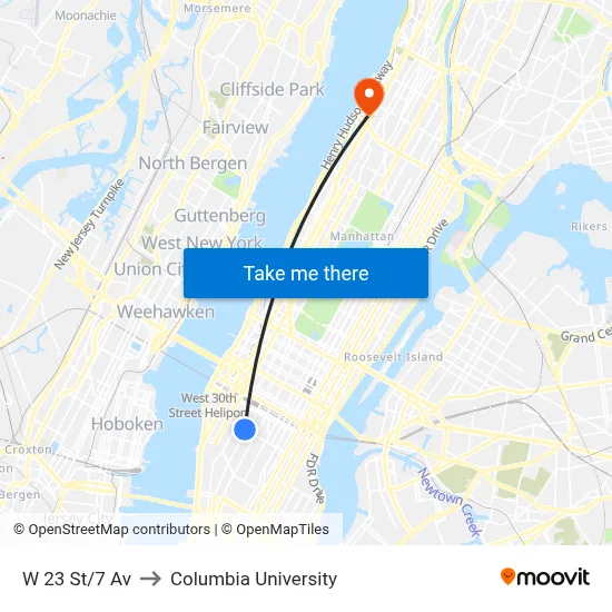 W 23 St/7 Av to Columbia University map