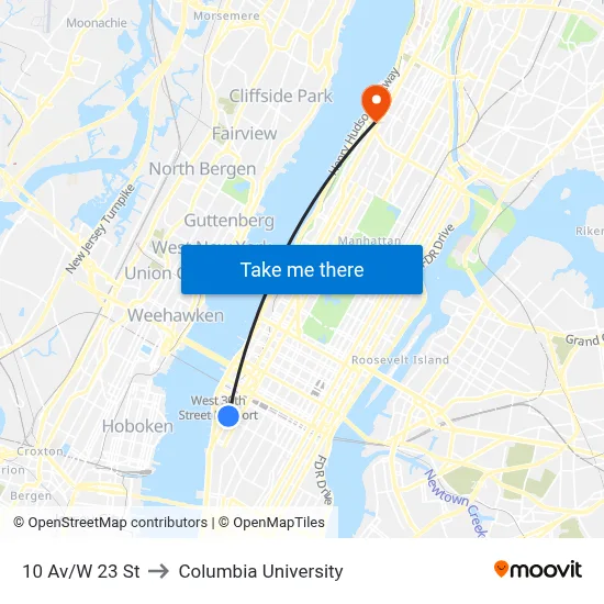 10 Av/W 23 St to Columbia University map