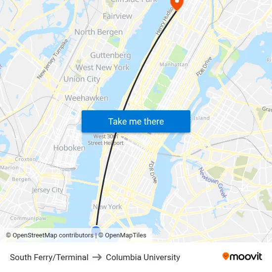 South Ferry/Terminal to Columbia University map