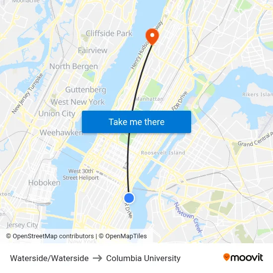 Waterside/Waterside to Columbia University map