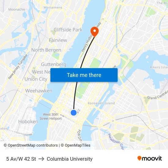 5 Av/W 42 St to Columbia University map