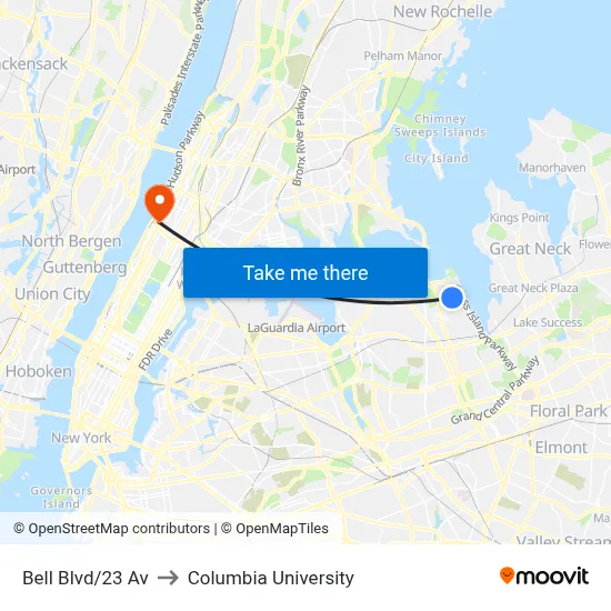 Bell Blvd/23 Av to Columbia University map