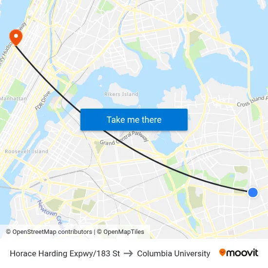 Horace Harding Expwy/183 St to Columbia University map