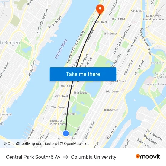 Central Park South/6 Av to Columbia University map