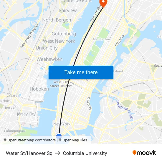 Water St/Hanover Sq to Columbia University map