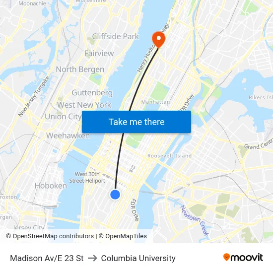 Madison Av/E 23 St to Columbia University map