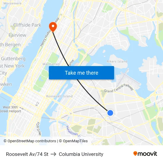 Roosevelt Av/74 St to Columbia University map