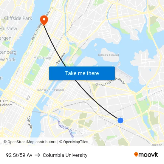 92 St/59 Av to Columbia University map