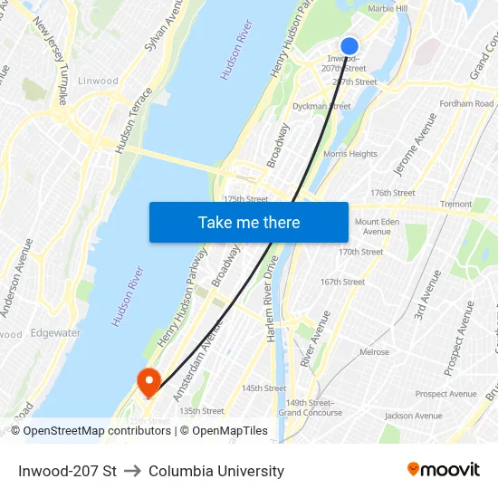 Inwood-207 St to Columbia University map