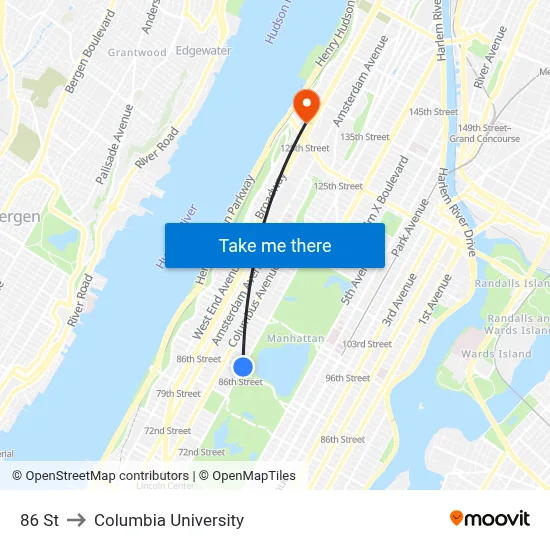 86 St to Columbia University map