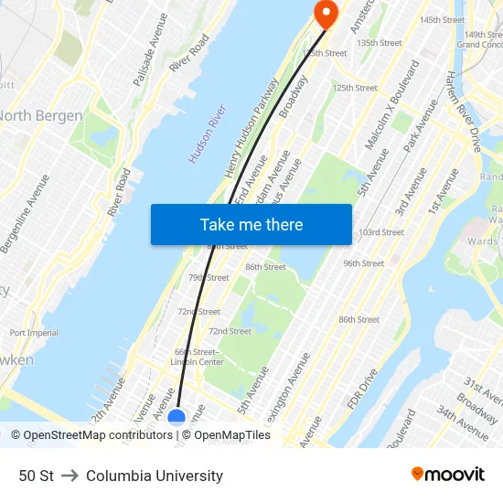 50 St to Columbia University map