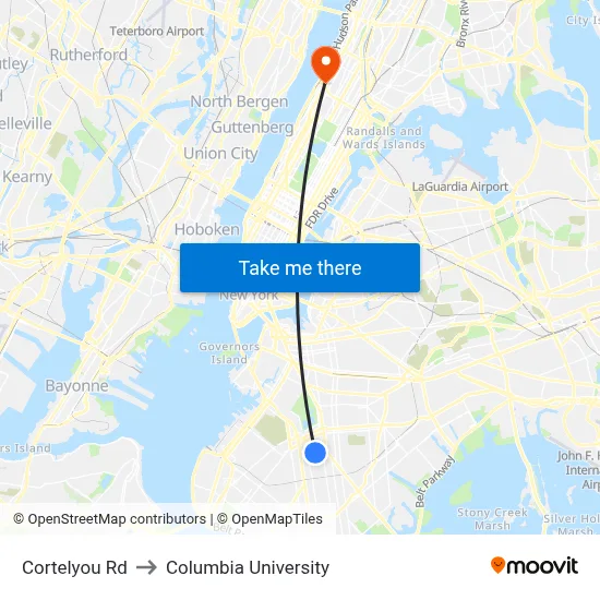 Cortelyou Rd to Columbia University map