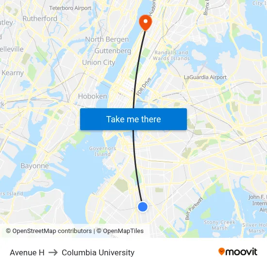 Avenue H to Columbia University map