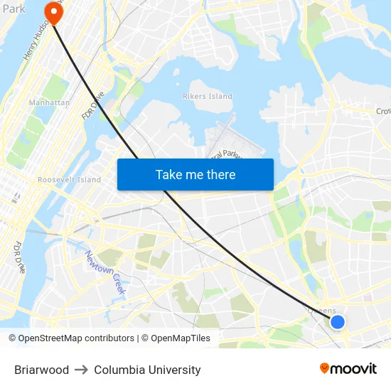 Briarwood to Columbia University map