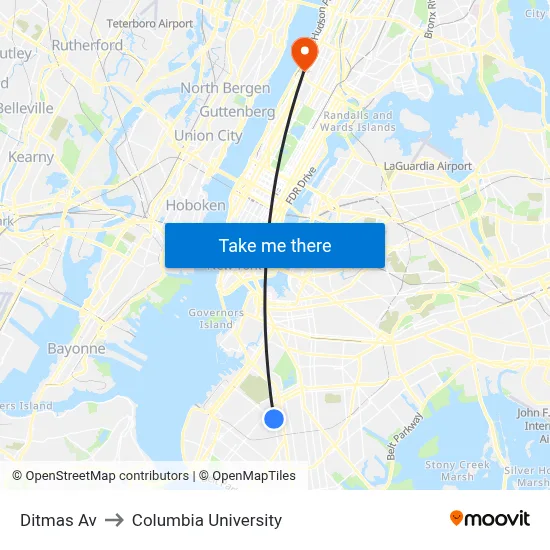 Ditmas Av to Columbia University map