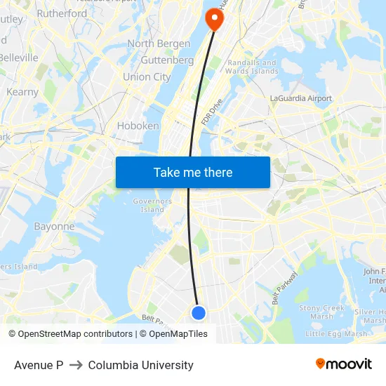 Avenue P to Columbia University map