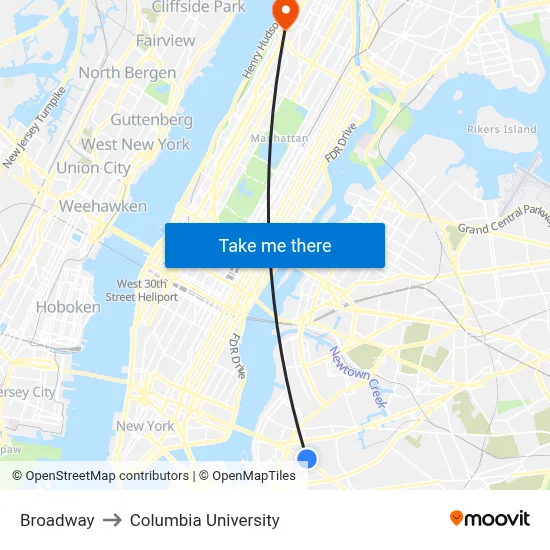 Broadway to Columbia University map