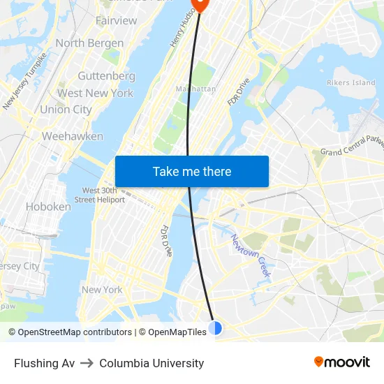 Flushing Av to Columbia University map