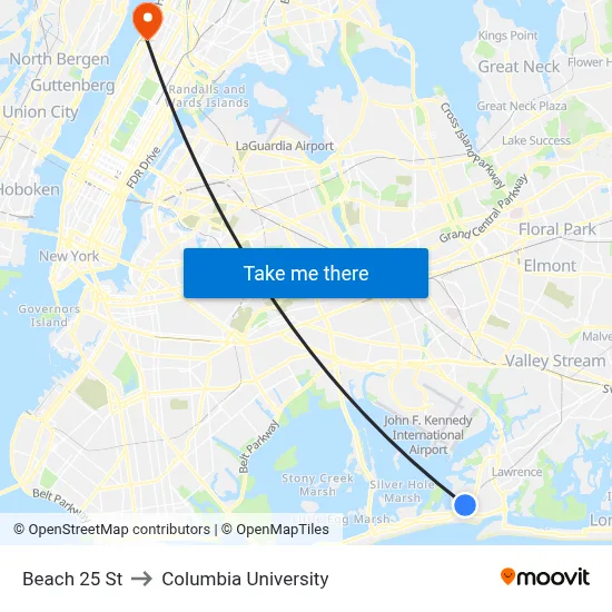 Beach 25 St to Columbia University map