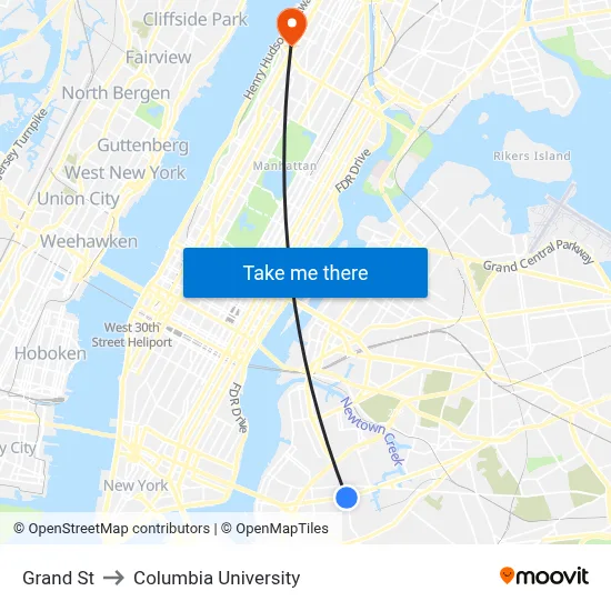 Grand St to Columbia University map
