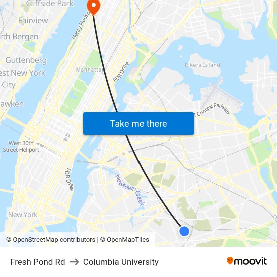 Fresh Pond Rd to Columbia University map
