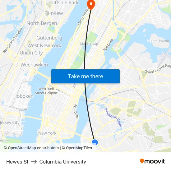 Hewes St to Columbia University map