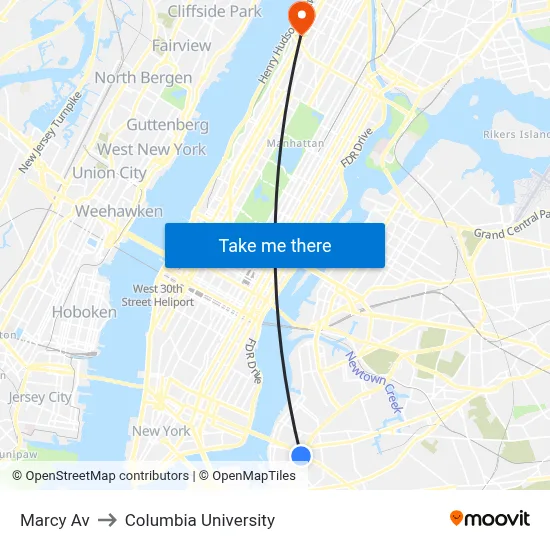 Marcy Av to Columbia University map