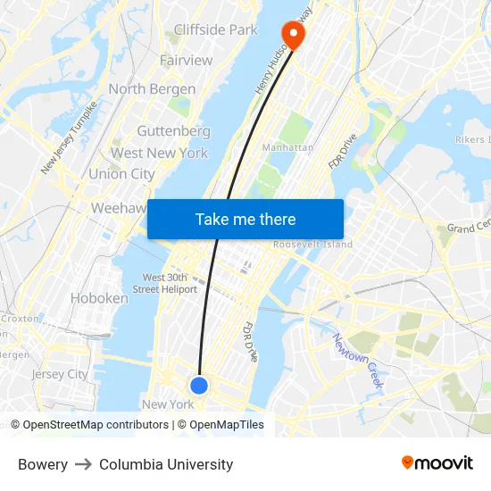 Bowery to Columbia University map