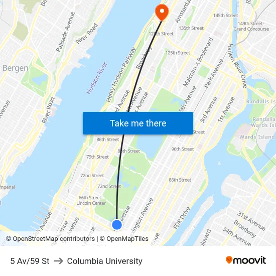 5 Av/59 St to Columbia University map