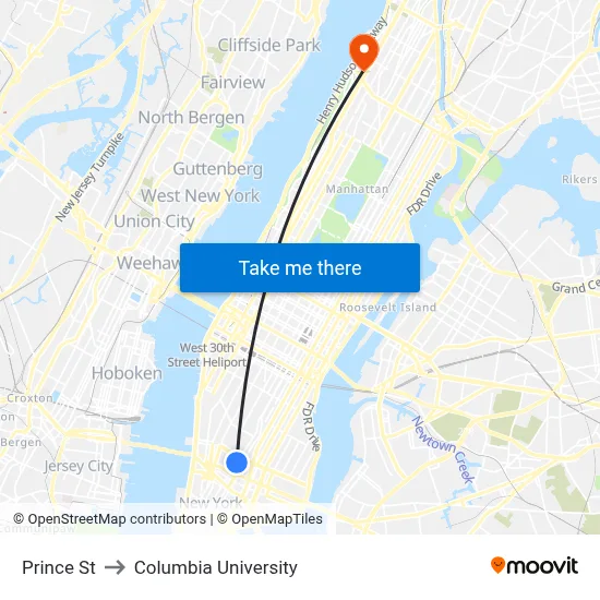 Prince St to Columbia University map
