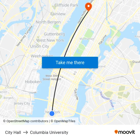 City Hall to Columbia University map