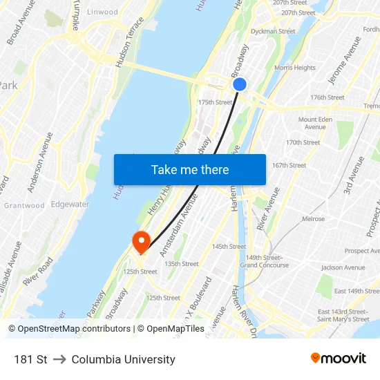 181 St to Columbia University map
