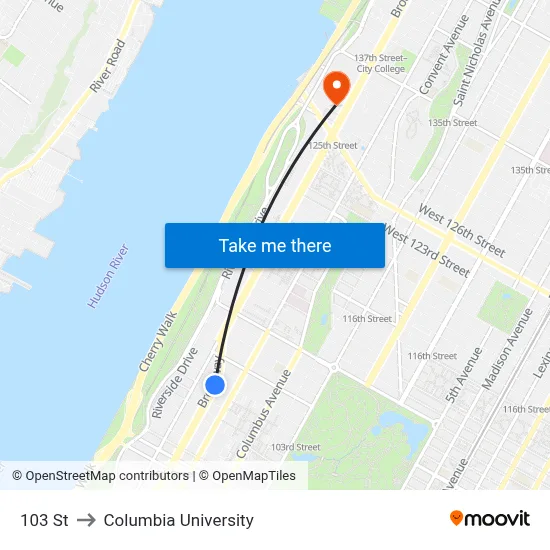 103 St to Columbia University map