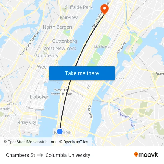 Chambers St to Columbia University map