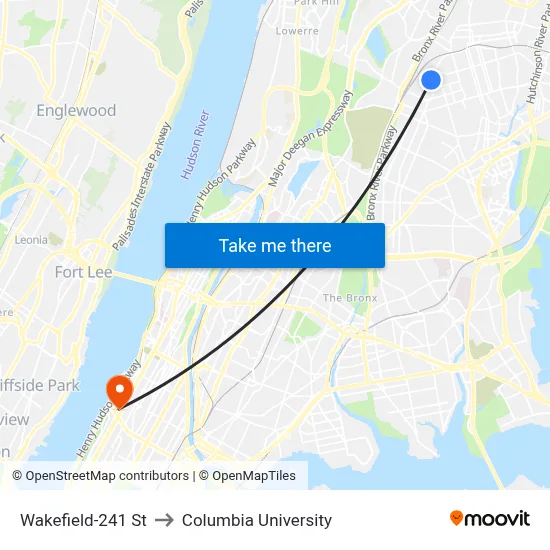 Wakefield-241 St to Columbia University map