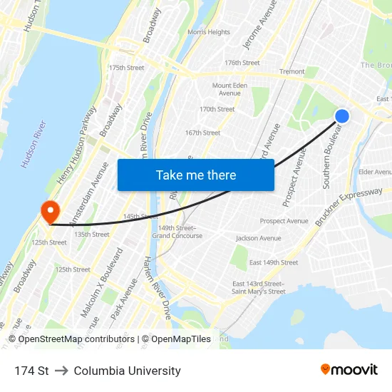 174 St to Columbia University map