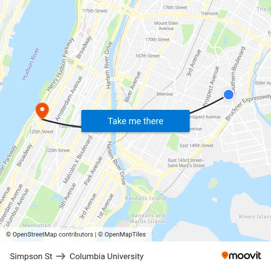 Simpson St to Columbia University map