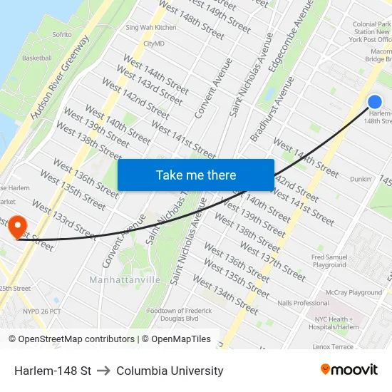 Harlem-148 St to Columbia University map