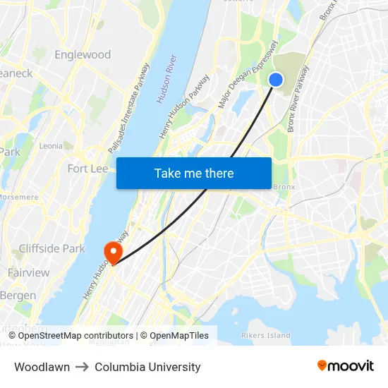 Woodlawn to Columbia University map