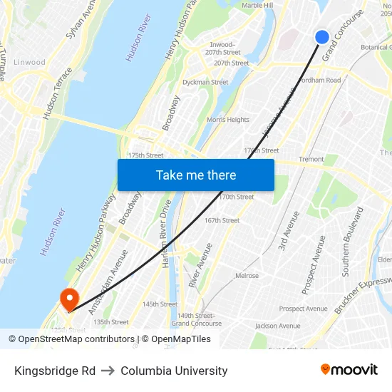 Kingsbridge Rd to Columbia University map
