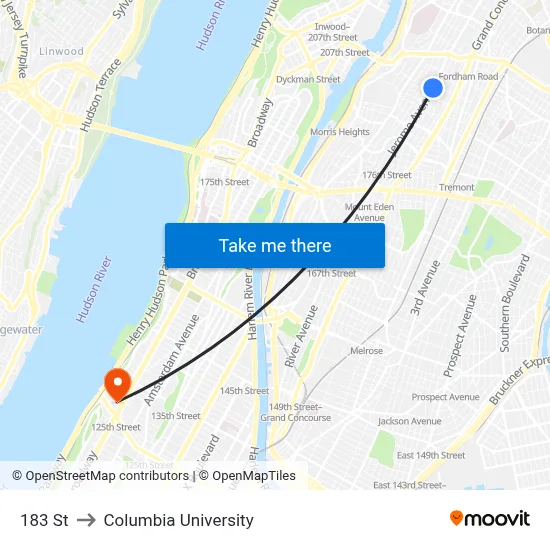 183 St to Columbia University map