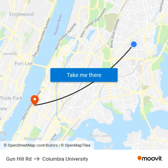 Gun Hill Rd to Columbia University map