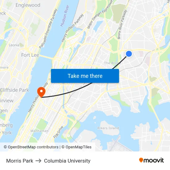 Morris Park to Columbia University map