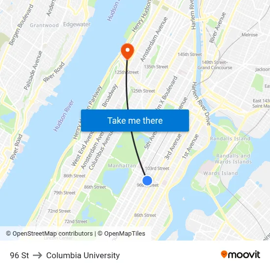 96 St to Columbia University map