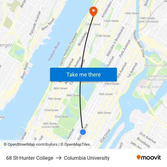 68 St-Hunter College to Columbia University map