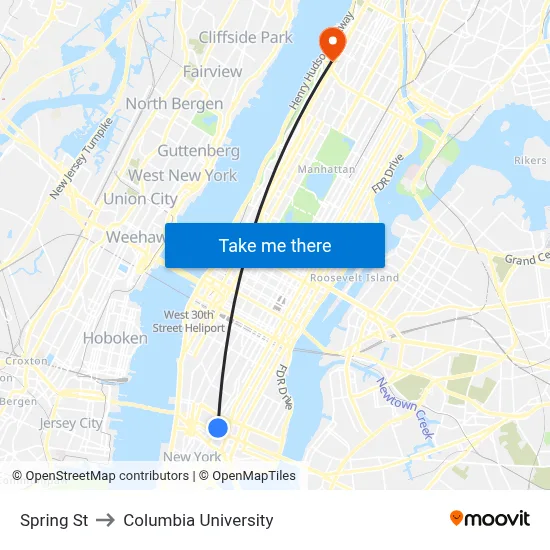 Spring St to Columbia University map